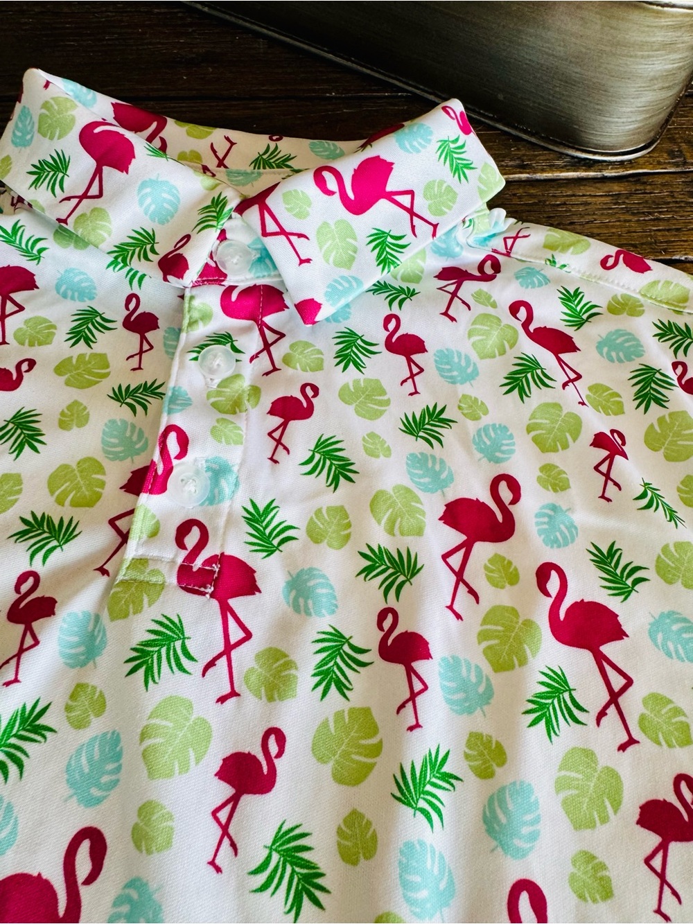 BCG Girls White Golf Polo Shirt with Pink Flamingo & Green Leaf Size 14/16 Large